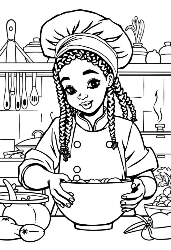 Chef with Cooking Utensils Black Girl Coloring Pages