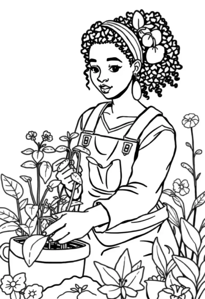 Gardener with Plants Black Girl Coloring Pages