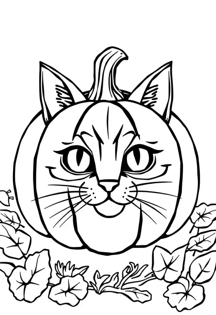 Pumpkin with a Cat Face Coloring Pages