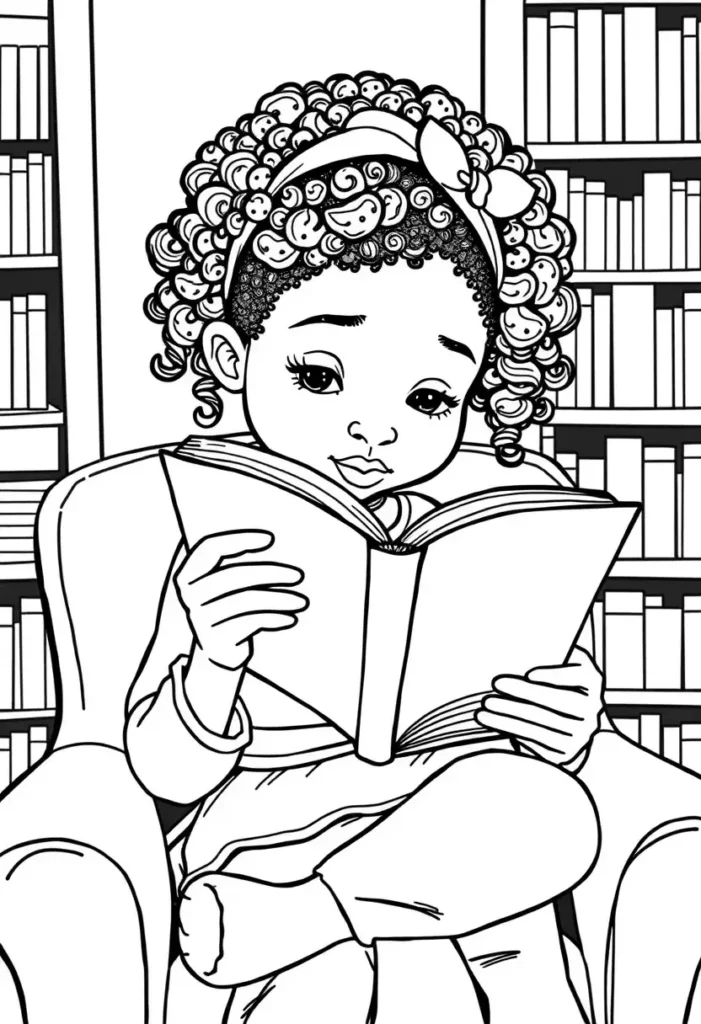 Reading a Book Black Girl Coloring Pages