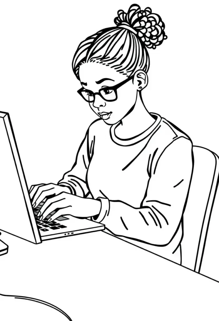 Student at Computer Black Girl Coloring Pages