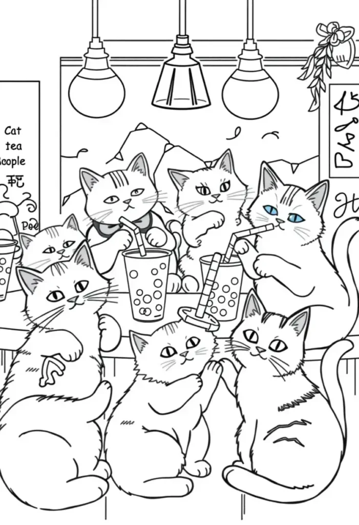 Boba Cat Café Coloring Pages