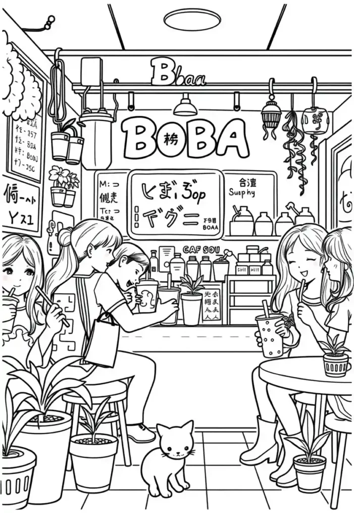 Boba Shop Scene Coloring Pages