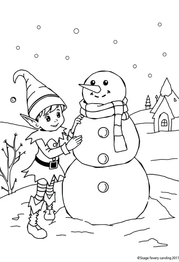 Elf and Snowman Building Team Coloring Pages