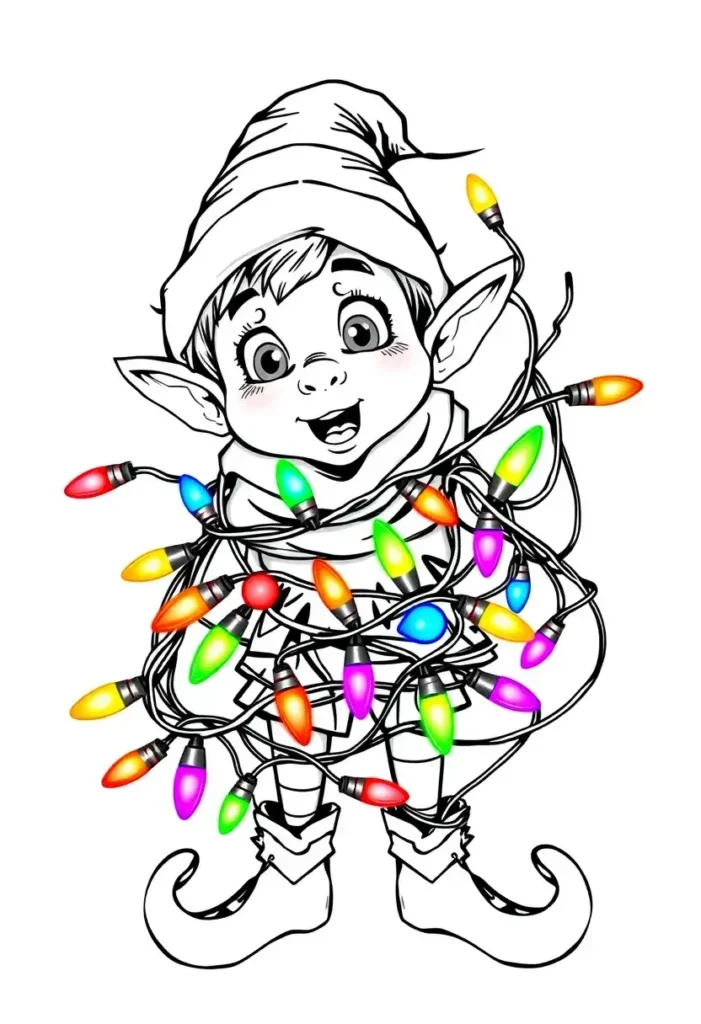 Elf with Christmas Lights Coloring Pages