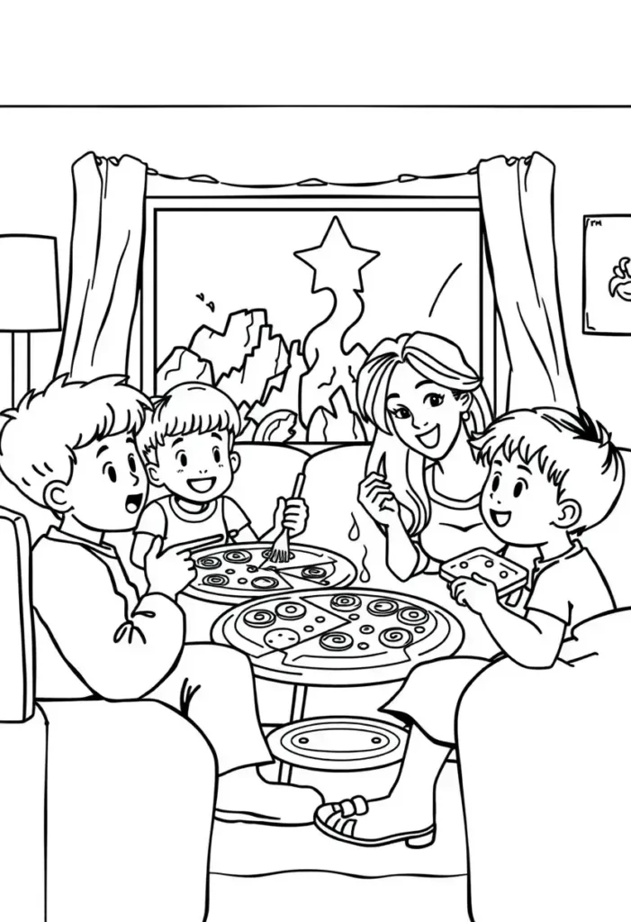Pizza and Movie Night Coloring Pages