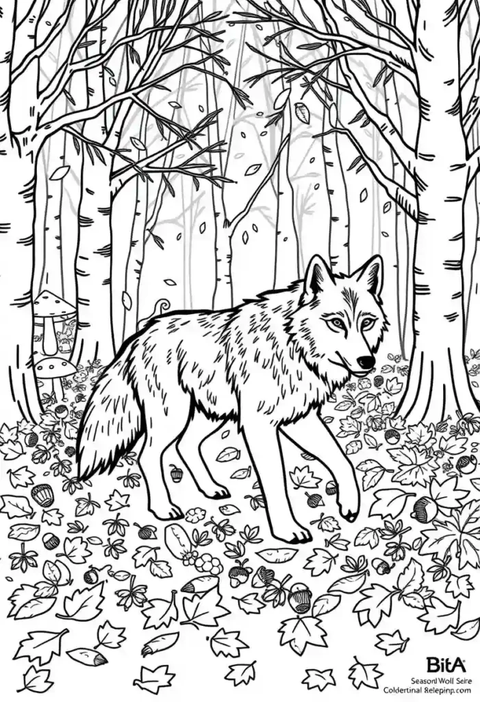Seasonal Wolf Series - Autumn Coloring Pages