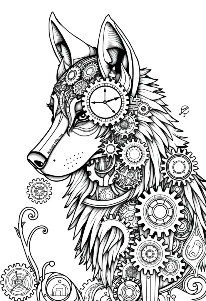 Steampunk Wolf Design Coloring Pages