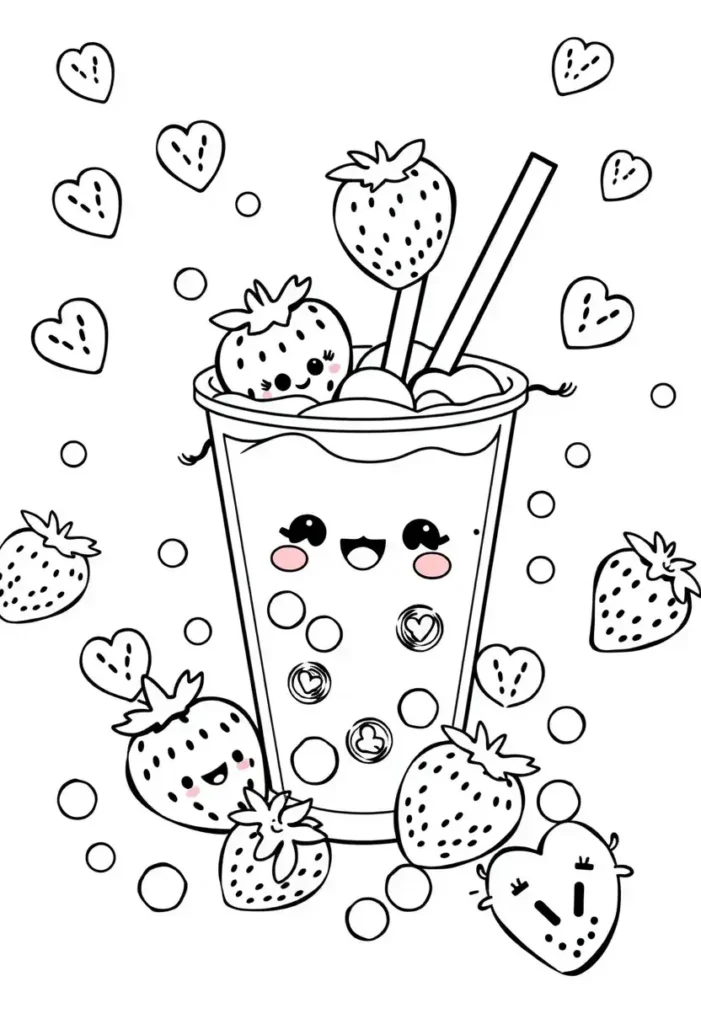 Strawberry Boba Characters Coloring Pages