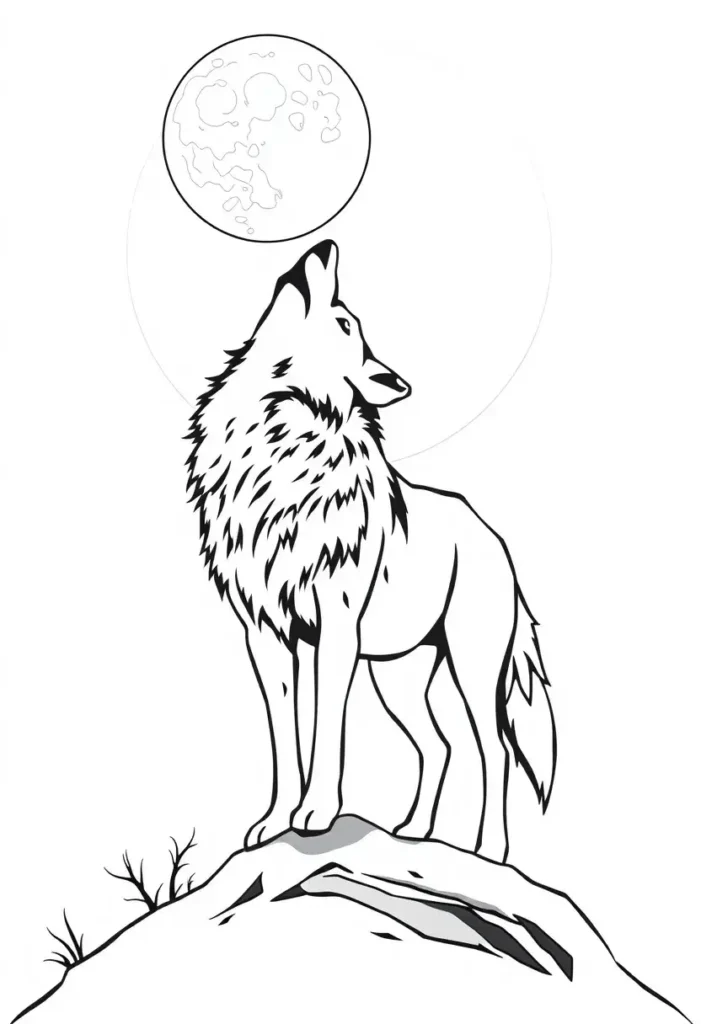 Wolf and Moon Silhouette Coloring Pages