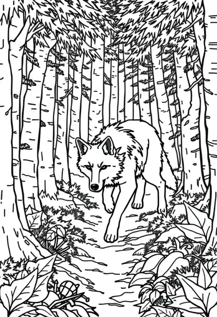 Wolf in Forest Setting Coloring Pages
