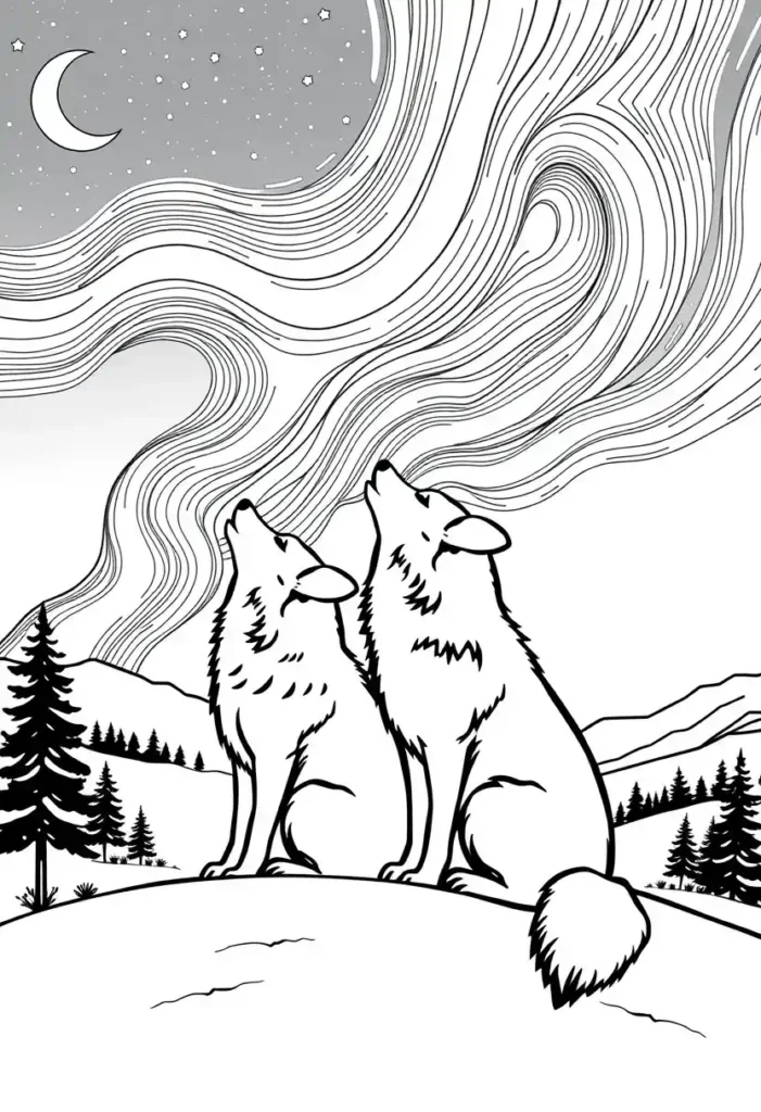Wolves Under Northern Lights Coloring Pages